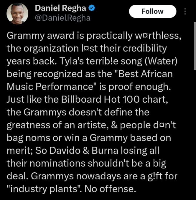 Daniel Regha slams Grammy Awards