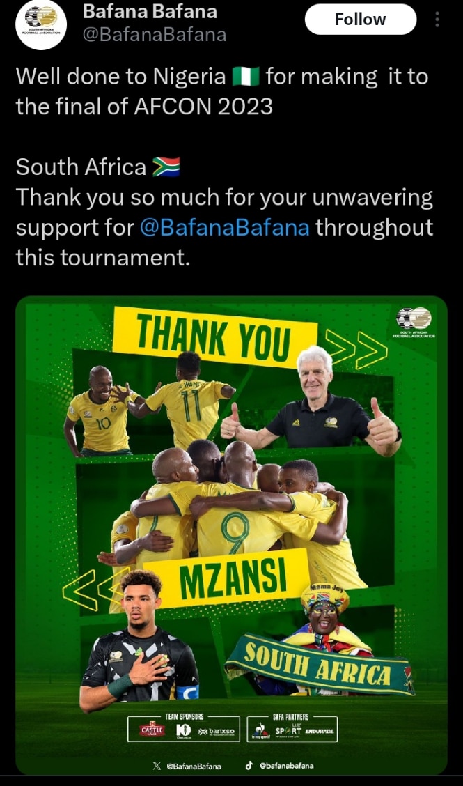 Bafana Bafana of South Africa congratulates Nigeria