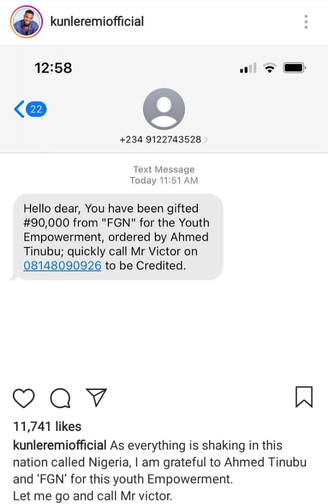 Kunle Remi appreciates President Tinubu for N90k gift