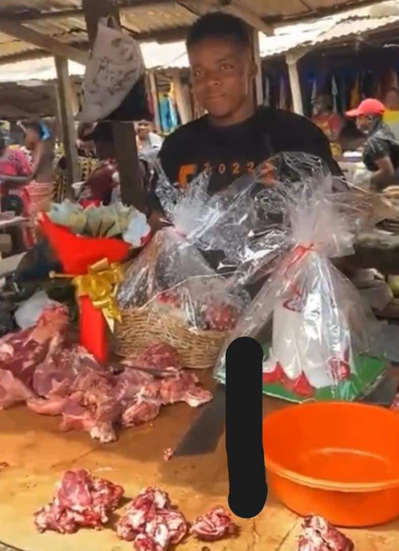 Romantic moment wife celebrates meat-seller husband on his birthday at work