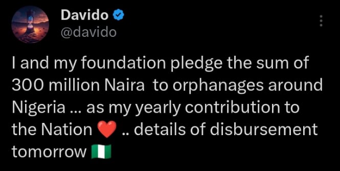 Davido doa N300M para orfanatos na Nigéria
