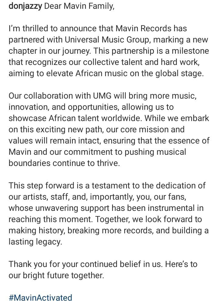 Don Jazzy announces partnership between Mavin Records and Universal Music Group