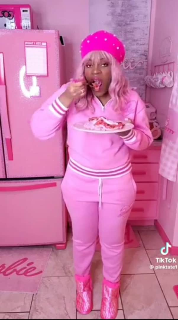 Lady cooks pink food