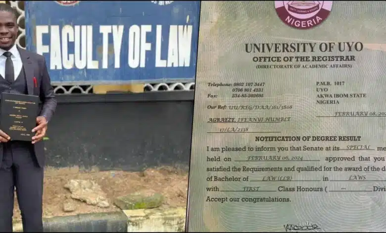 Man celebrates as he becomes first male 1st class Law graduate at UNIUYO