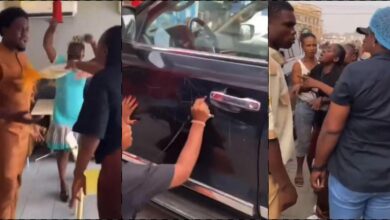 Drama as lady spots her man with another woman, damages his car