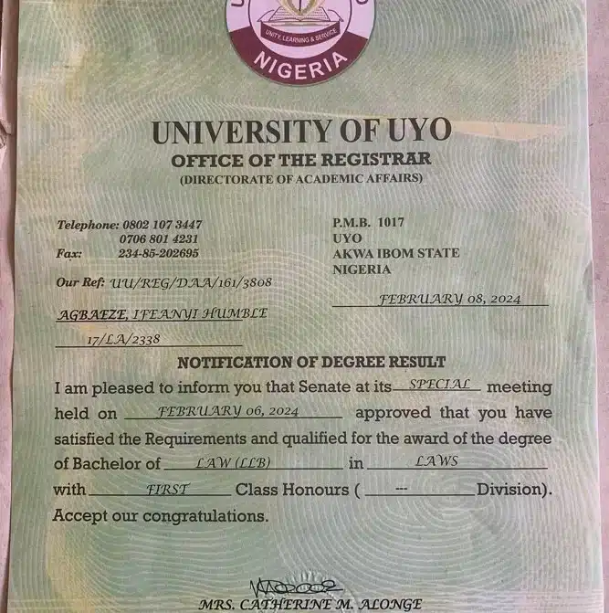 Man celebrates as he becomes first male 1st class Law graduate at UNIUYO