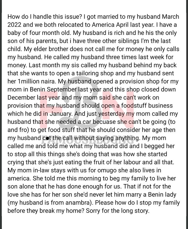 Woman seeks advice over her family members' attempt to wreck her husband