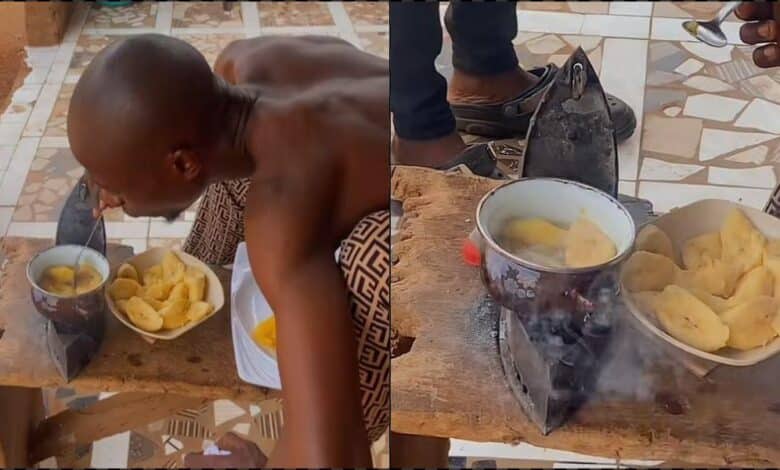 "E don go Kirikiri before" - Speculations as man fries plantain using iron