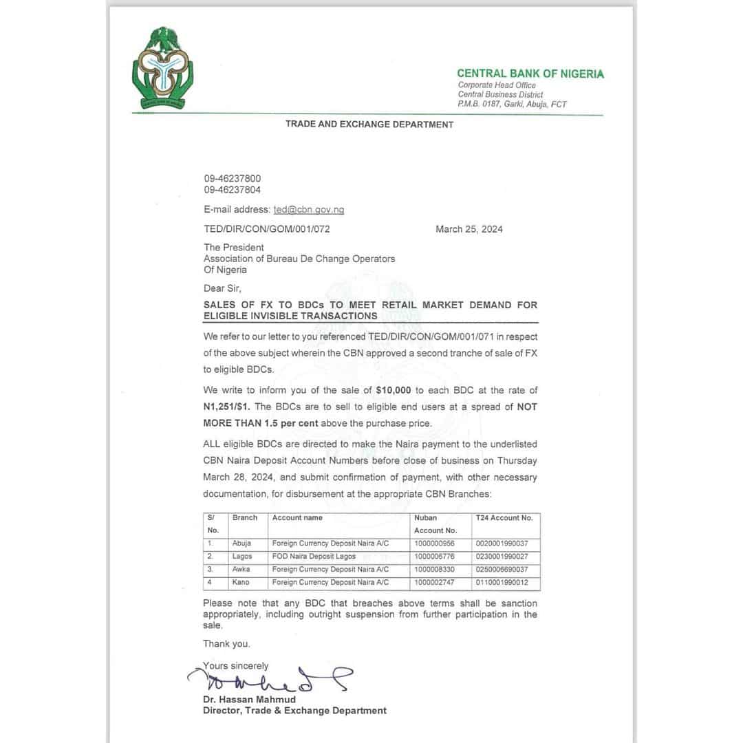 CBN sells forex to Bureau De Change at N1,251 /