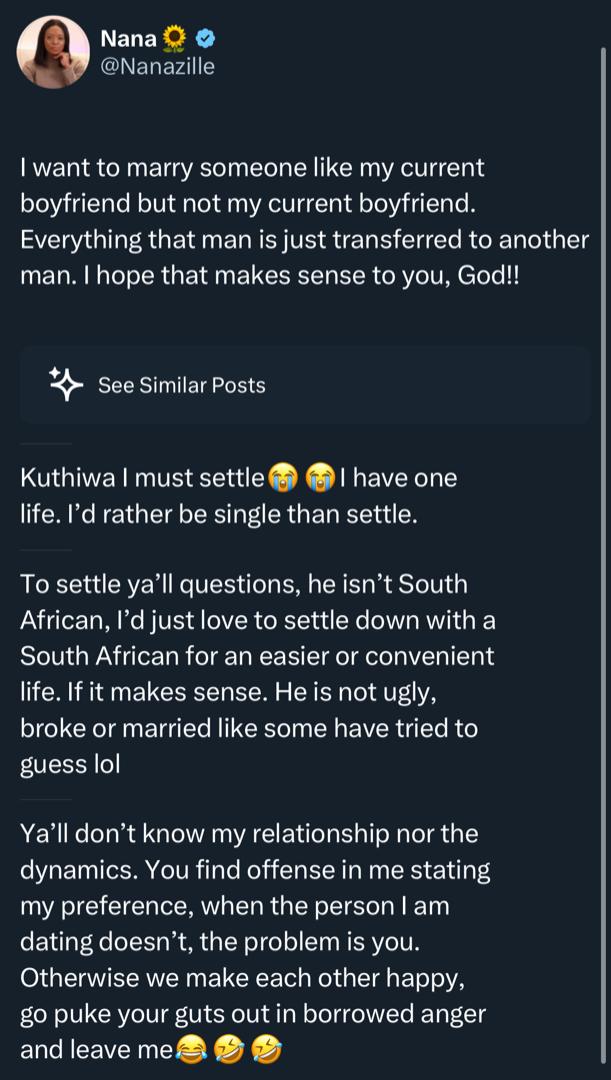 “I want to marry someone like my current boyfriend but not him“ - Lady drops shocker
