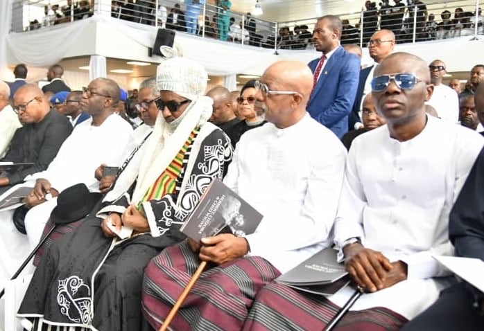 L-R Ex Senate President, Bukola Saraki; Ex Rivers Governor Rotimi Amarchi and Rivers state Deputy Governor, Prof Ngozi Odu during the Funeral Service for late Herbert, Chizobam and Chizi Wigwe in Isiokpo. Photo. Nwankpa Chijioke