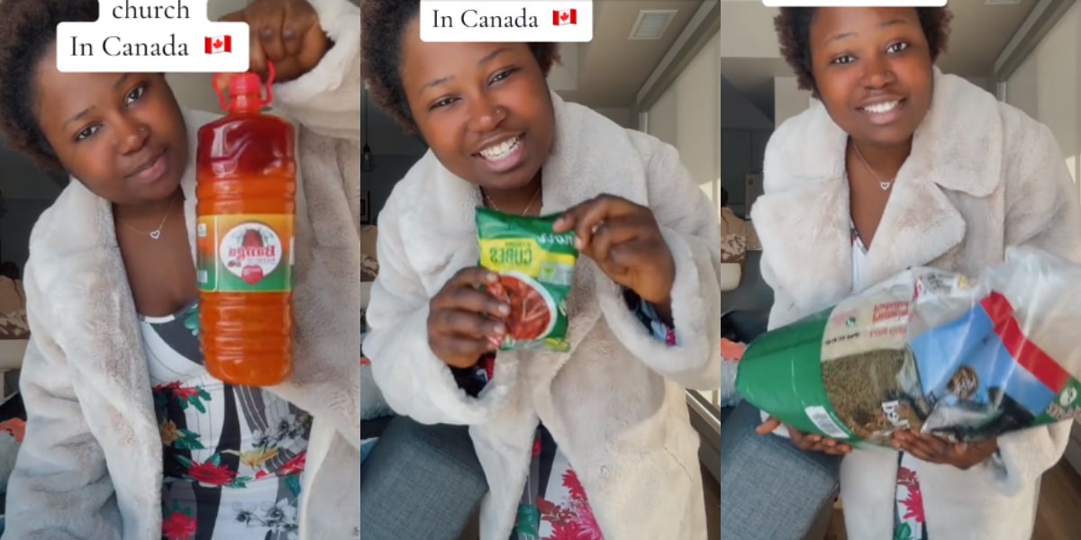 Lady flaunts bag of rice, other gifts Nigerian church in Canada gave her as first-timer