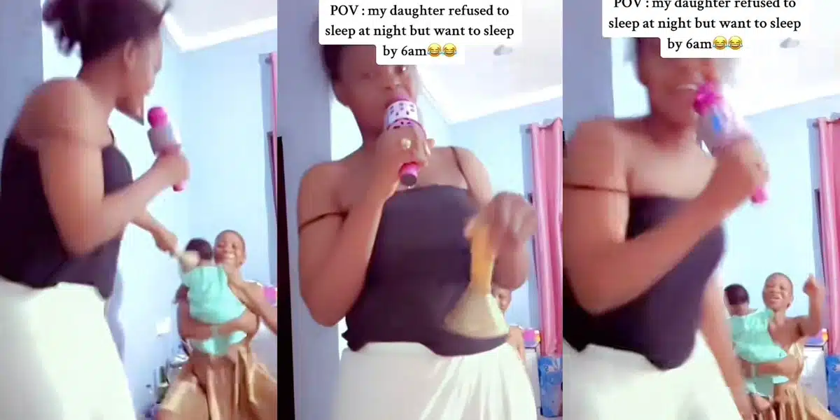 “This our generation of motherhood nawa” — Mother starts concert with bell and microphone for daughter who refused to let her sleep at night