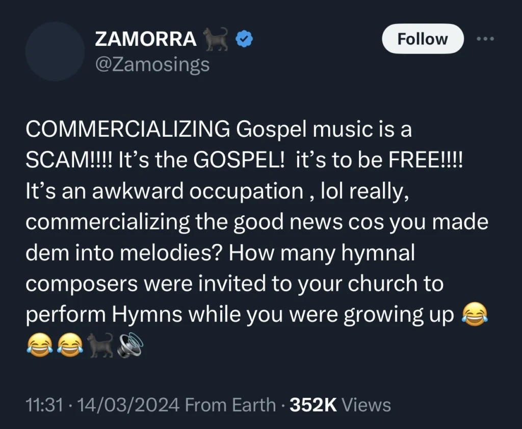 “Gospel music should be free” — Afrobeats musician Zamorra insists 