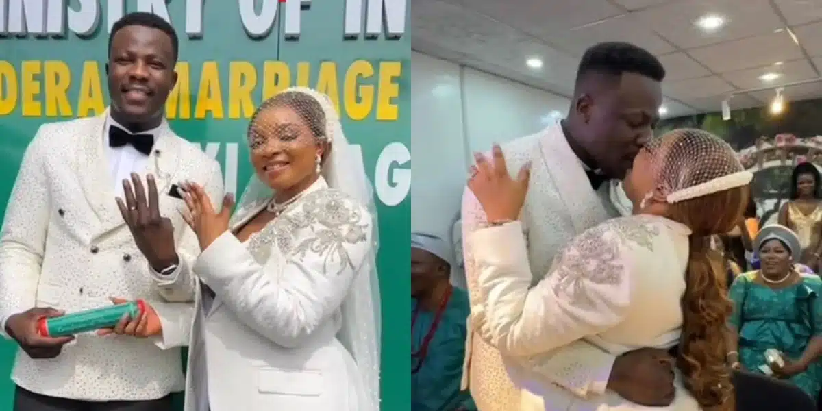 “She broke that title of baby mamas” — Reactions as Queen Mercy and David legally tie the knot