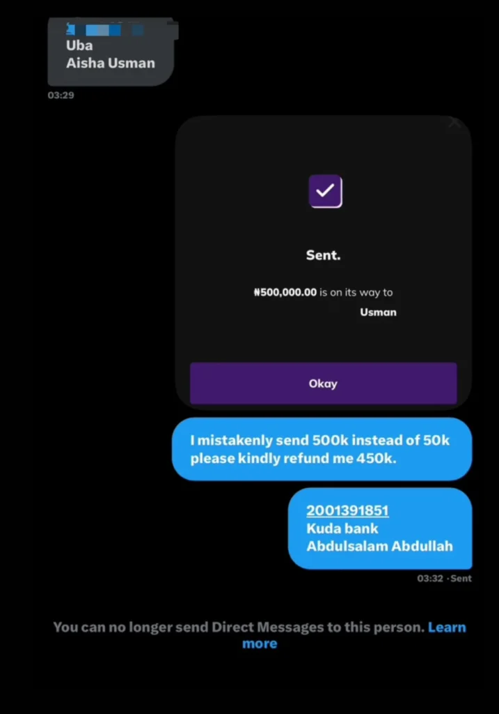 Philanthropist gets blocked after mistakenly sending N500k instead of N50k