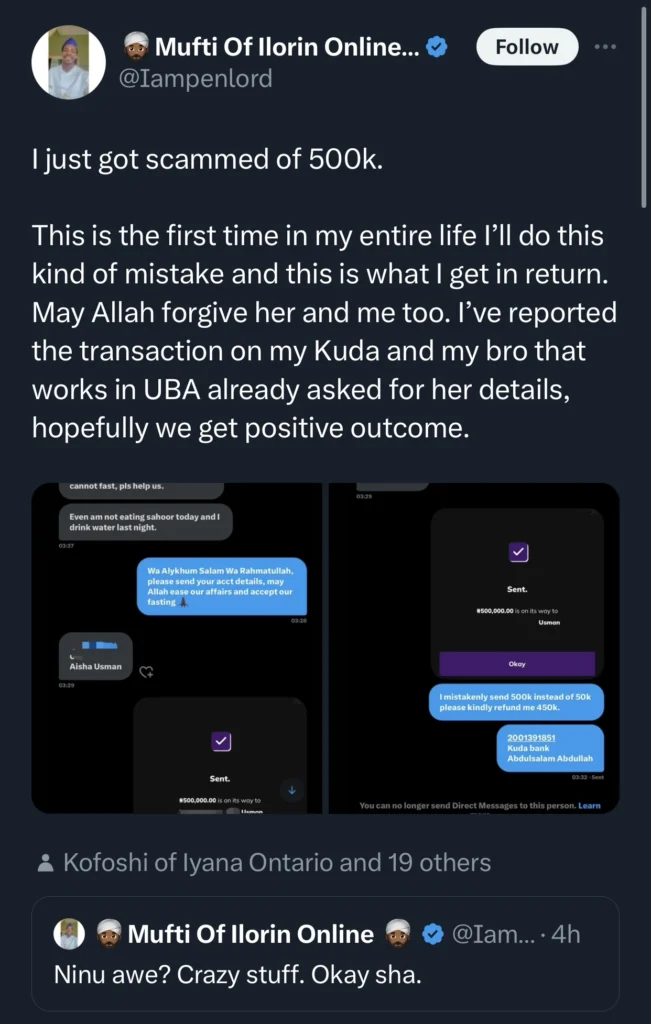 Philanthropist gets blocked after mistakenly sending N500k instead of N50k