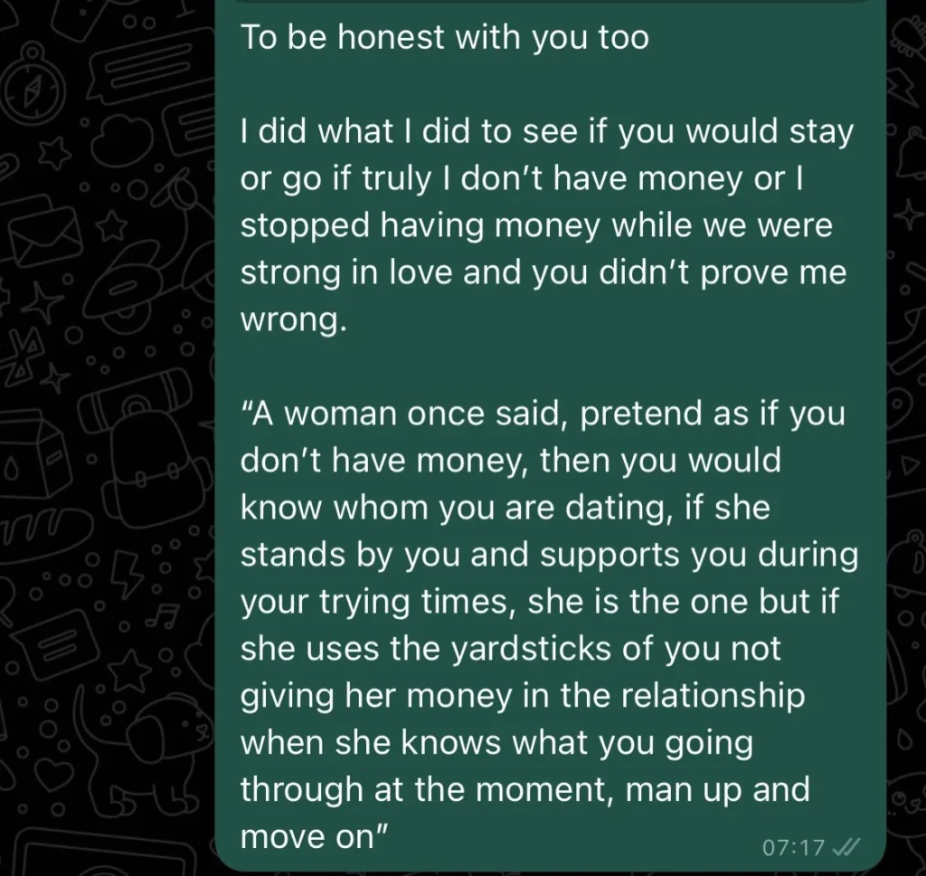 “Pretend as if you no get money and see your partner’s character” — Man gets dumped after refusing to send girlfriend N30k