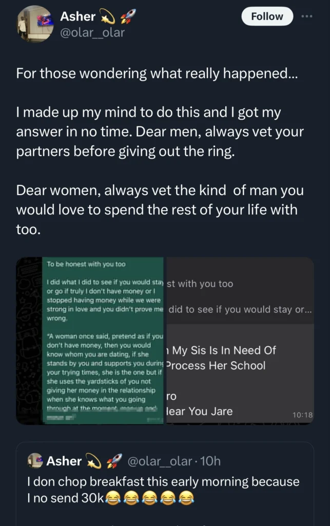 “Pretend as if you no get money and see your partner’s character” — Man gets dumped after refusing to send girlfriend N30k