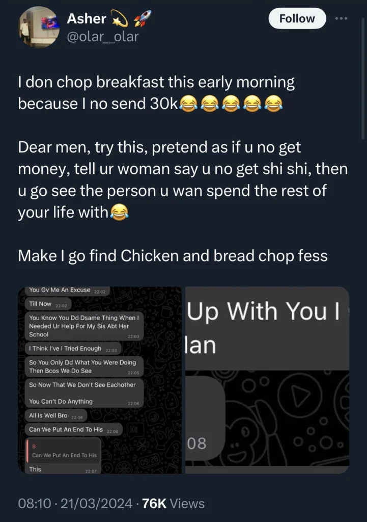 “Pretend as if you no get money and see your partner’s character” — Man gets dumped after refusing to send girlfriend N30k