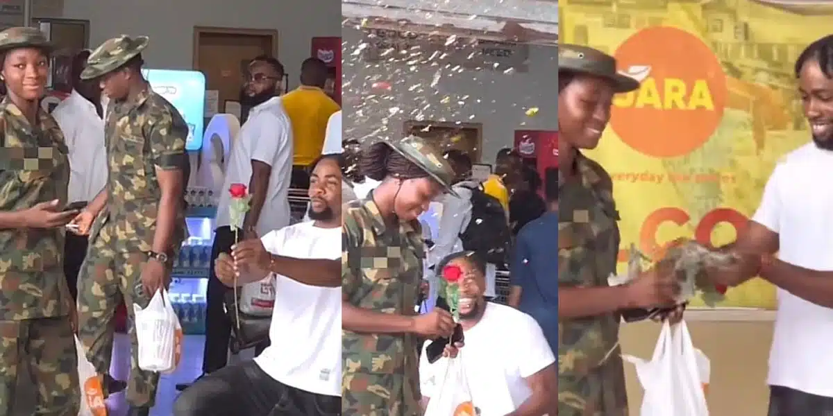 Adorable moment prankster presents soldier with flower and money in public mall