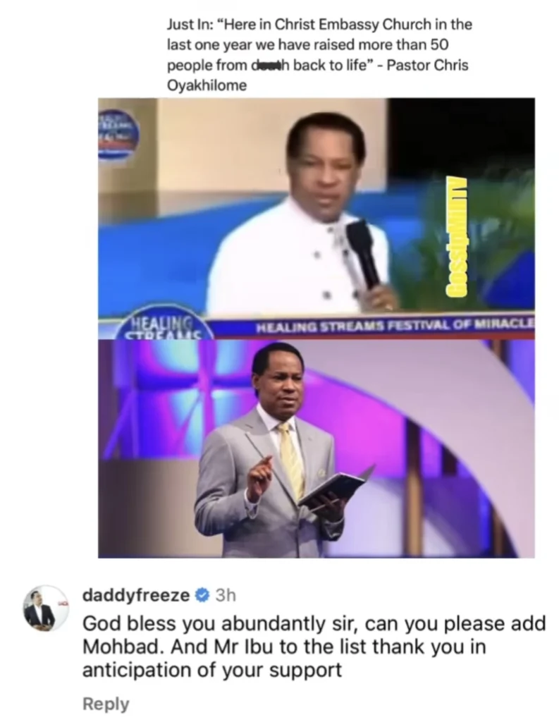 “Bring Mr Ibu and Mohbad back to life” — Daddy Freeze begs Pastor Chris Oyakhilome 