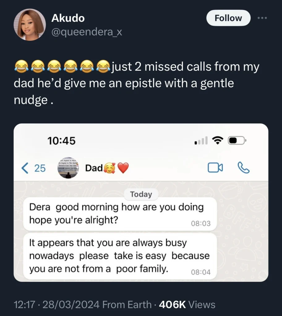 “Please take it easy, you’re not from a poor family” — Father’s message to his daughter cause buzz online