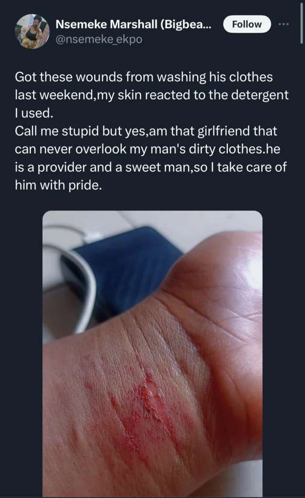 “I’m that girlfriend that can never overlook my man’s dirty clothes” — Lady goes the extra mile to care of her boyfriend 