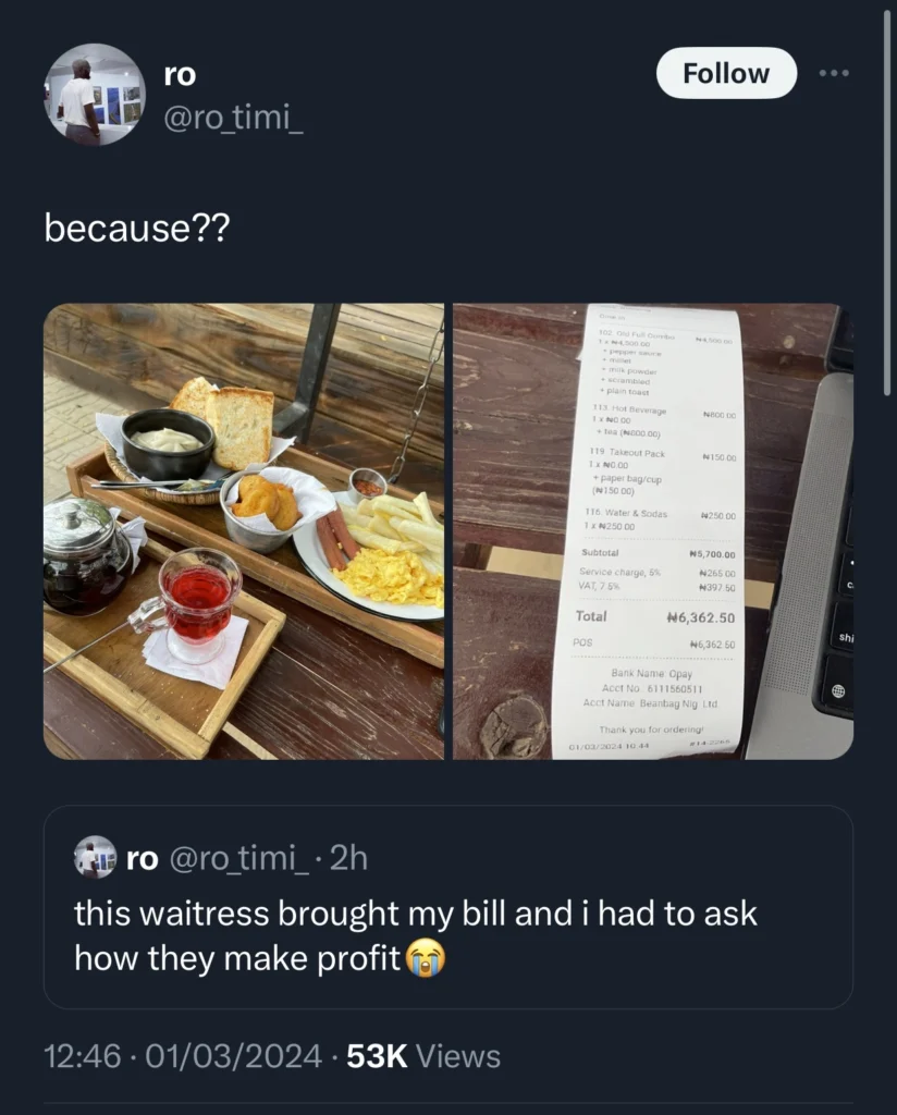Nigerian man shocked at the quantity of food he bought in a restaurant for only N6k