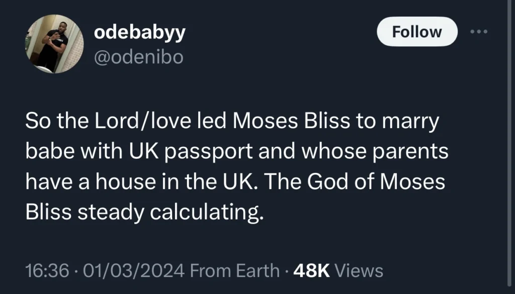 “So the Lord led Moses Bliss to marry babe with UK passport” — Nigerian man asks 