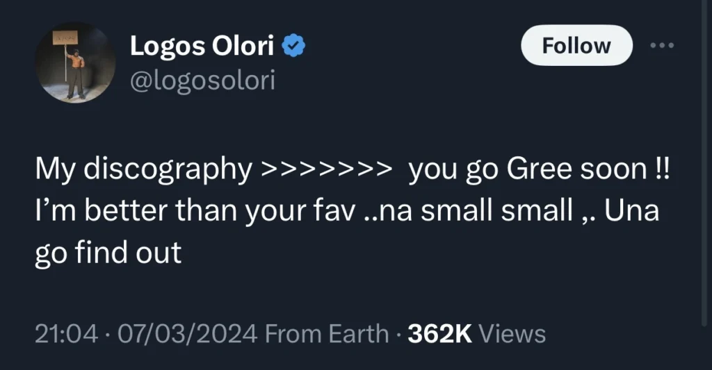 “I’m better than your fav” — Logos Olori tells music fans 