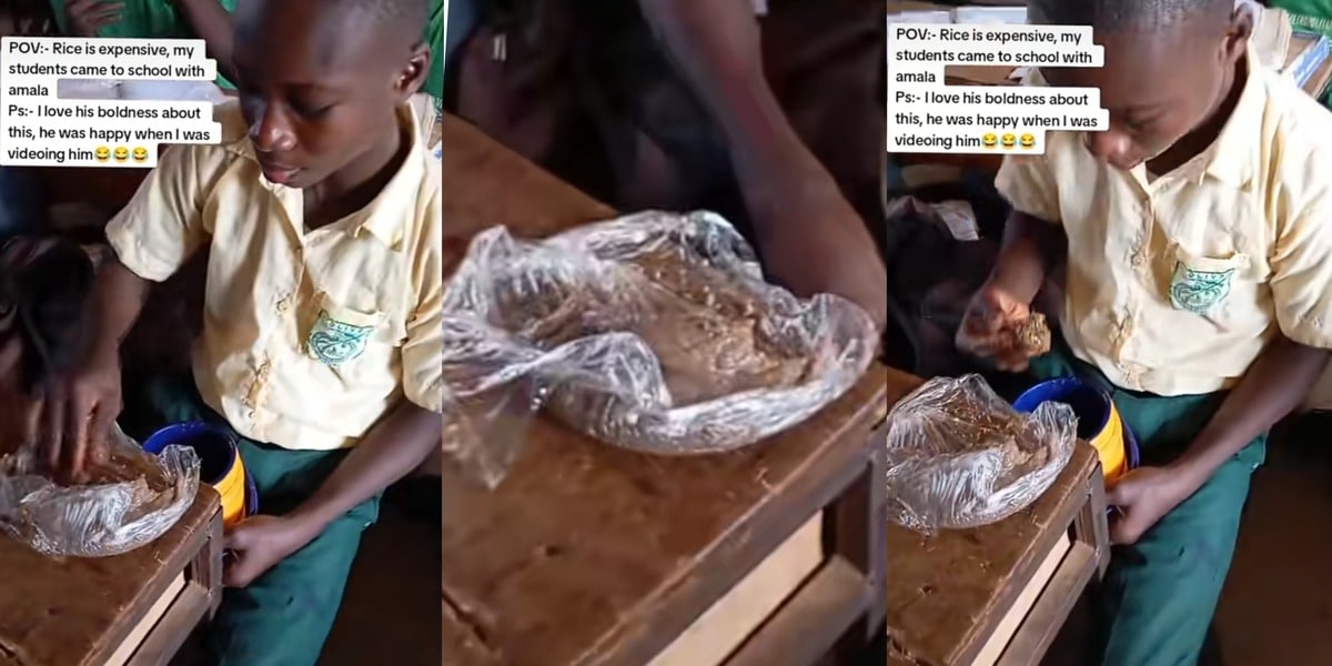 "Rice is expensive" - Nigerian student grabs attention as he takes Amala, soup to school over inability to afford rice