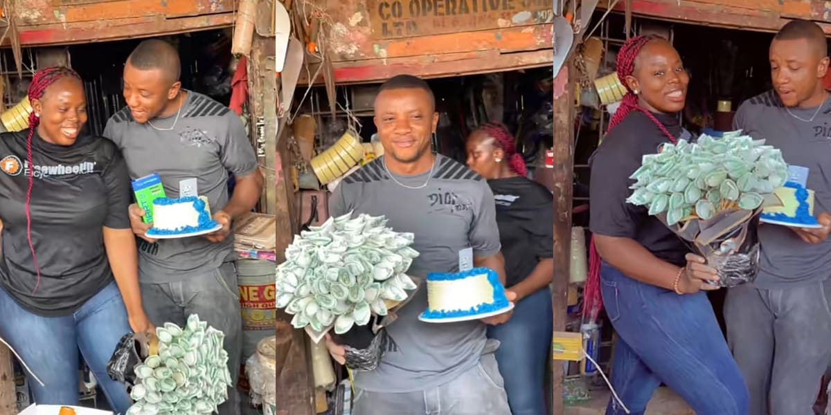 "My world best" - Emotions flow as wife storms husband's shop, gifts him money bouquet, phone, cake on his birthday