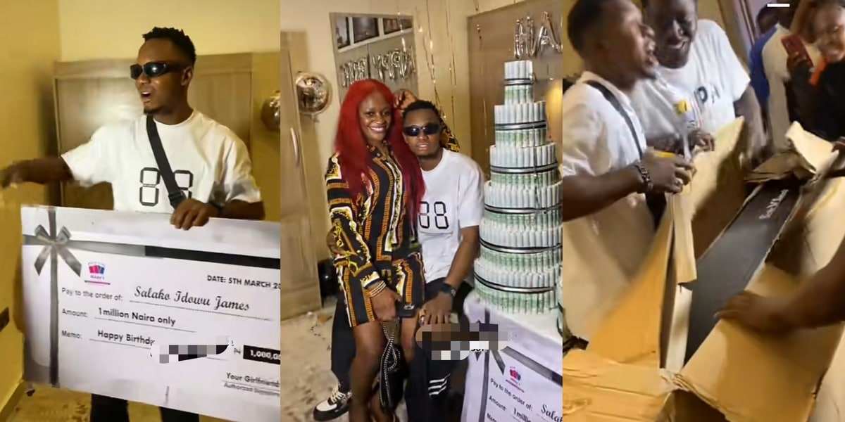 "Best TikTok video" - Beautiful scene as girlfriend gifts boyfriend 1m cheque, plasma TV, money bouquet on birthday