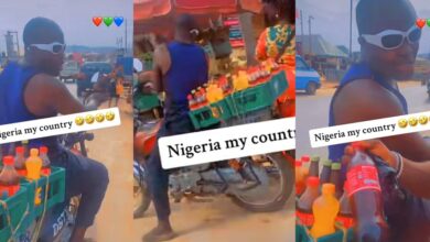 "It is block" - Hardworking Nigerian man advertises as he hawks cold drinks on motorcycle, sells each one for ₦350