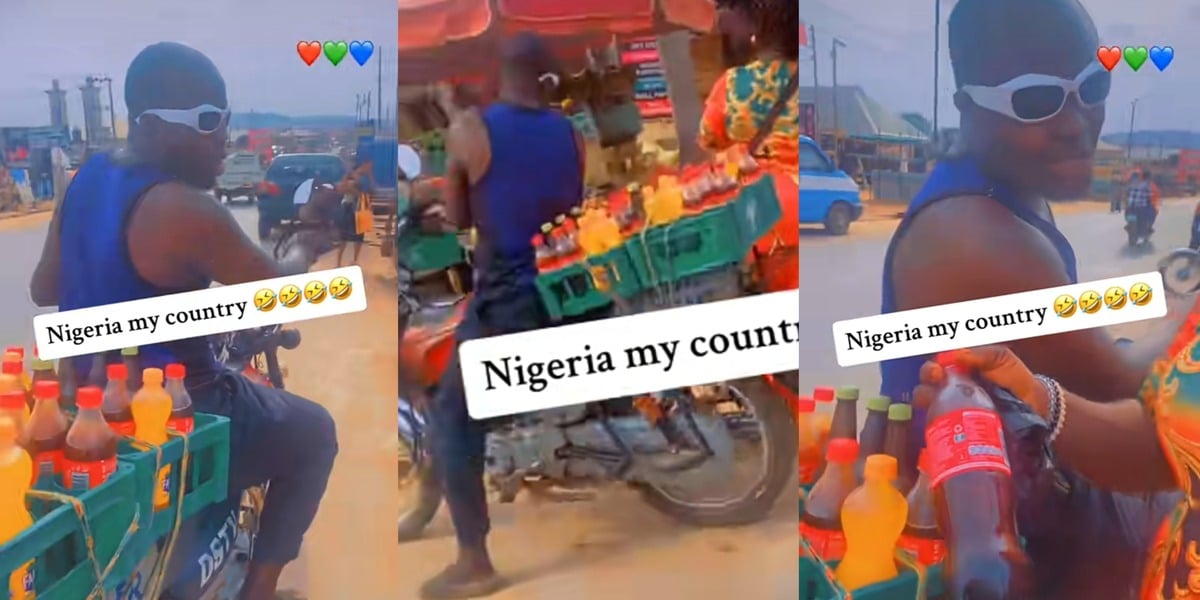 "It is block" - Hardworking Nigerian man advertises as he hawks cold drinks on motorcycle, sells each one for ₦350