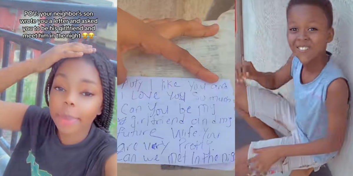 "I love you, be my future wife" - Internet melts as neighbor's son writes love letter to lady, requests nighttime meeting