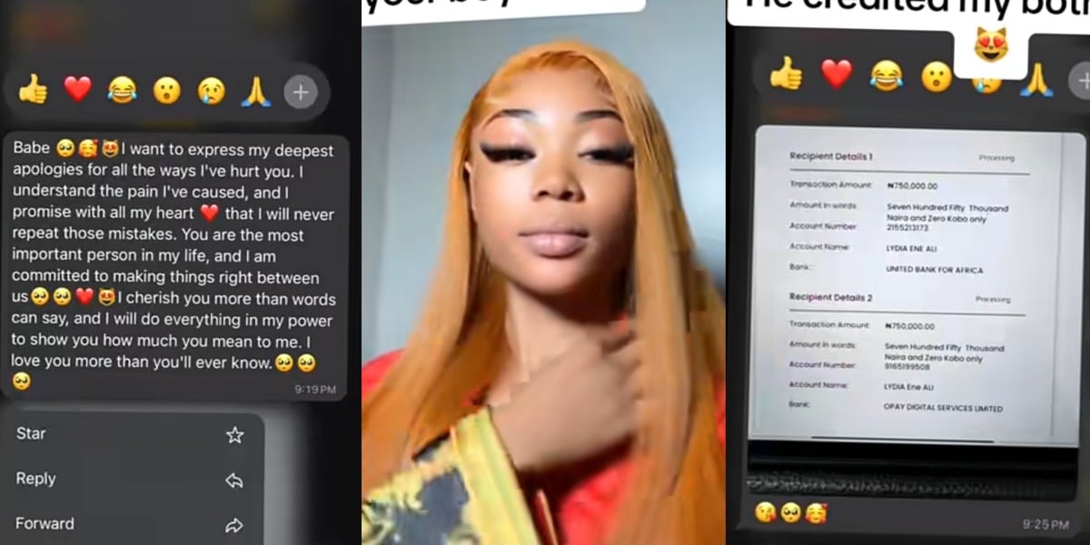 "He paid for yelling" - Nigerian girlfriend gets 'I'm sorry text', ₦1.5m 'apology cash' after being yelled at by boyfriend
