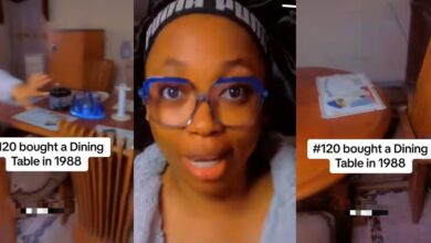Nigerian lady flaunts high-quality dining table, set of chairs her father bought for ₦120 in 1988