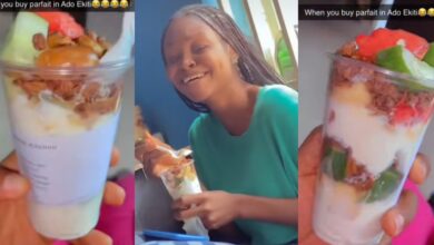 "Jesus, e shock me" - Nigerian lady finds ponmo, agbalumo, cucumber in the parfait she bought in Ado, Ekiti state