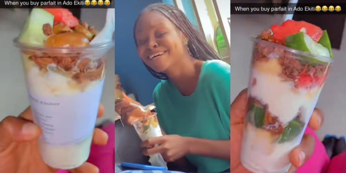 "Jesus, e shock me" - Nigerian lady finds ponmo, agbalumo, cucumber in the parfait she bought in Ado, Ekiti state