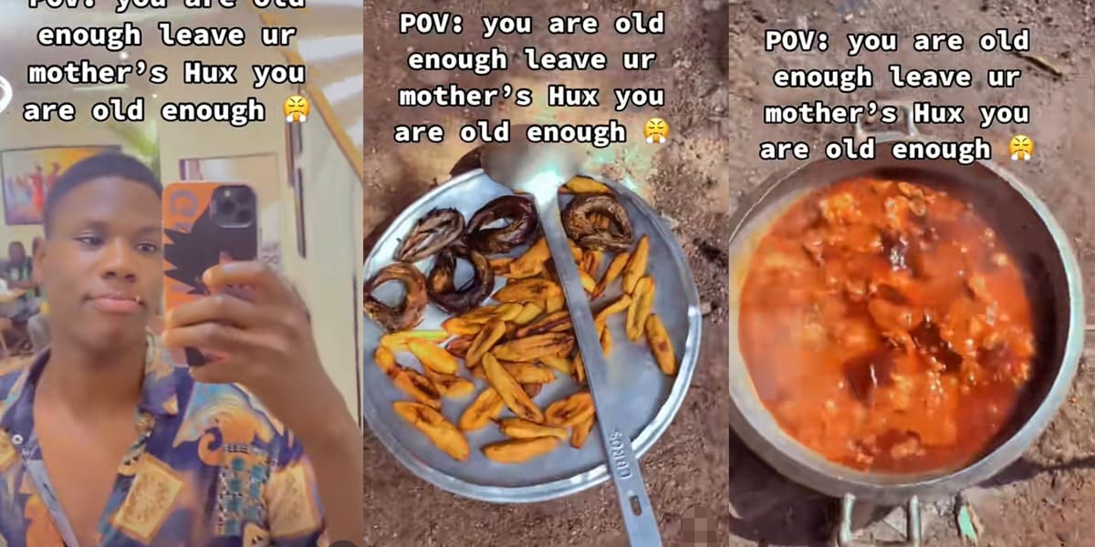 "Make I comot?, go where exactly" - Nigerian man refuses to leave mom's house over free food, flaunts hot stew, fish, etc