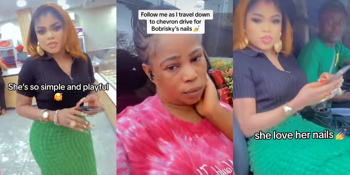 "Beautiful and friendly" - Drama online as lady drools over Bobrisky's beauty as she travels to his house to fix his nails