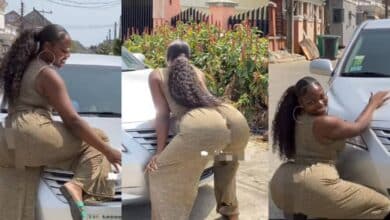 "You sure say na car you dey celebrate" – Netizens berates lady for displaying her car seductively