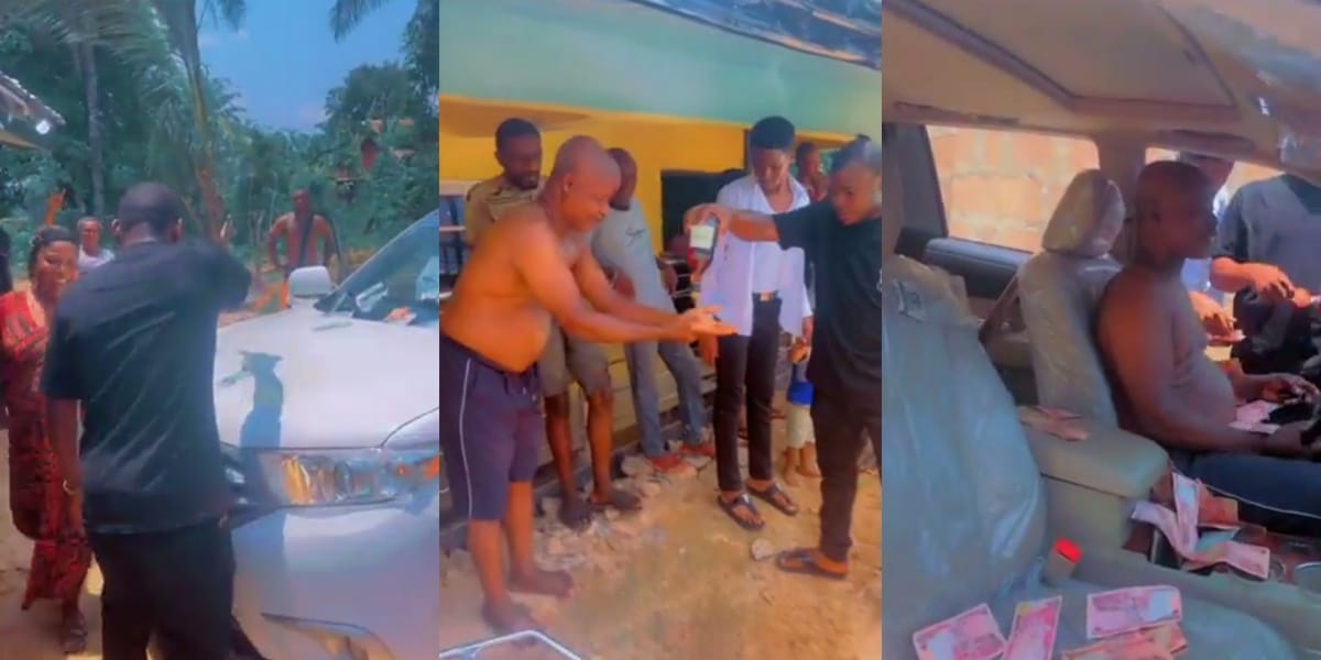 "No value" – Nigerian big boy washes father's hand with expensive alcohol as he gifts him an SUV