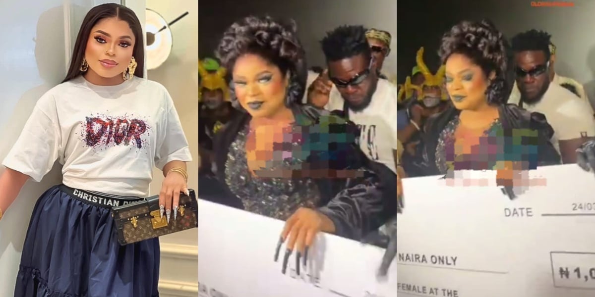 Moment Bobrisky receives one million naira cheque for being Best Dressed Female at movie premiere