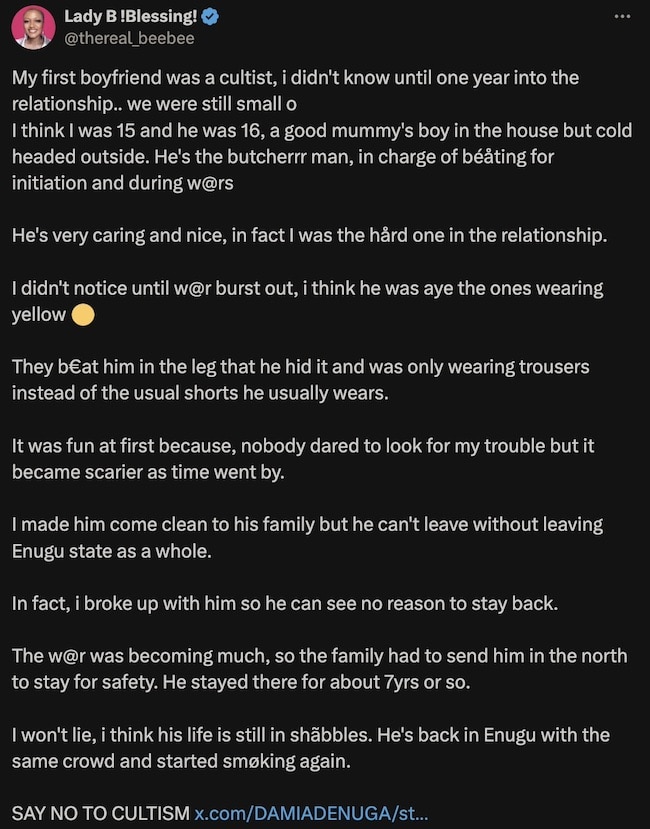 "My first boyfriend was a caring cultist" - Lady narrates bitter-sweet story