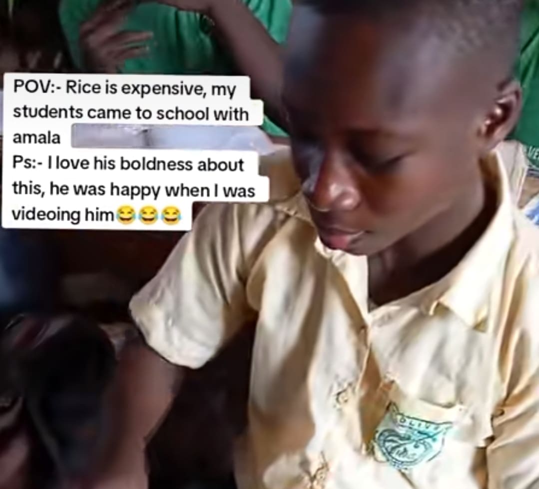 "Rice is expensive" - Nigerian student grabs attention as he takes Amala, soup to school over inability to afford rice