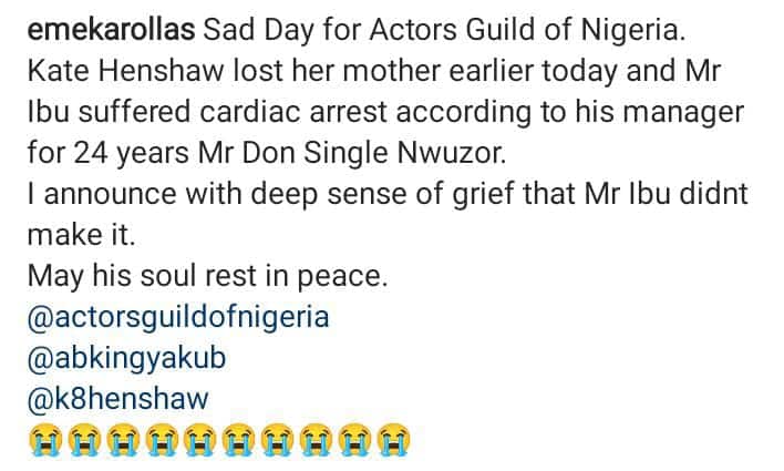 Emeka Rollas reveals Mr Ibu died of cardiac arrest