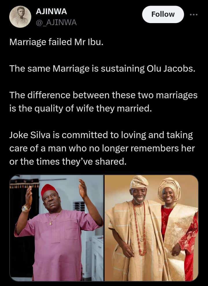 Twitter user compares Mr Ibu and Olu Jacobs marriages
